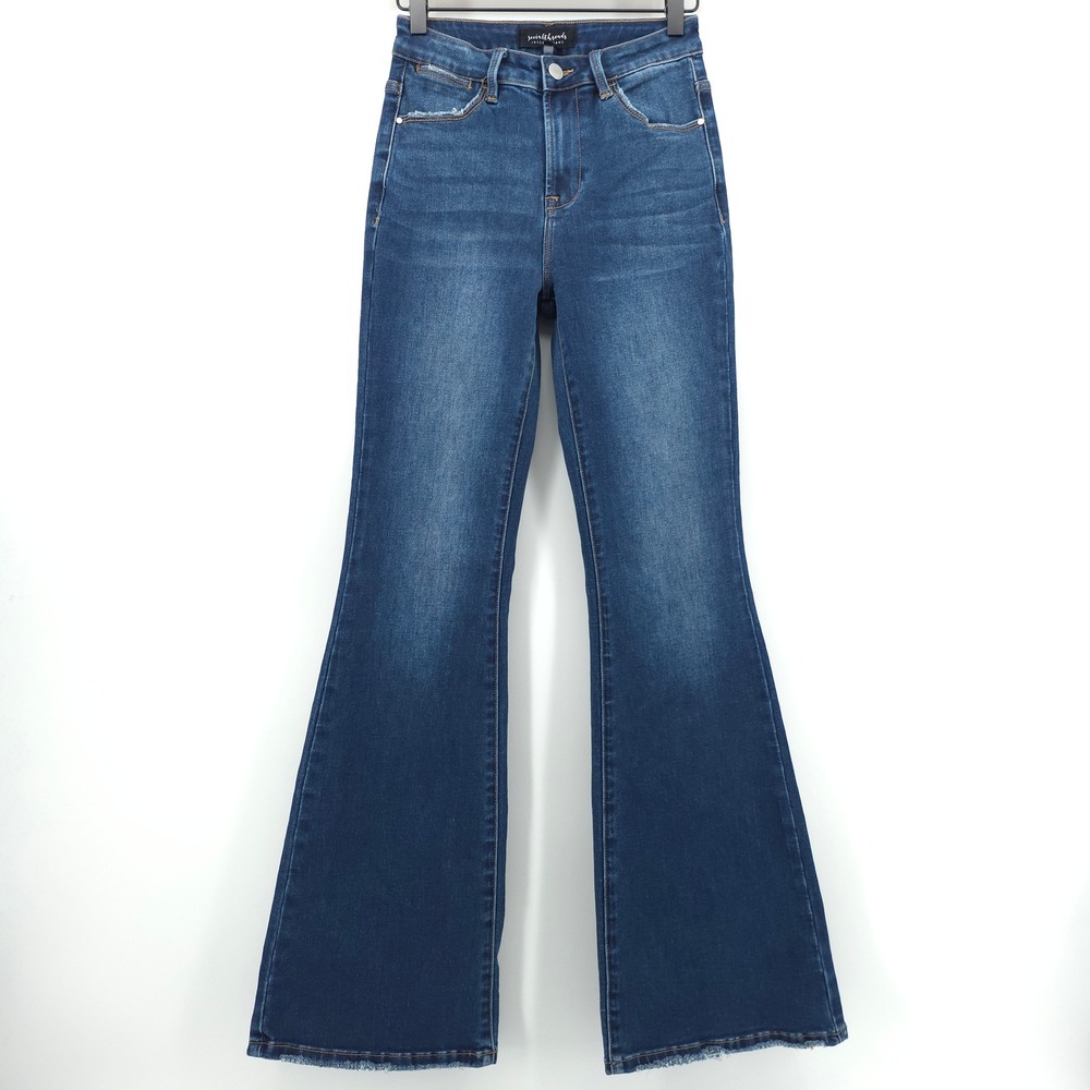 Social Threads Women Flare Jeans Risen High Rise 1/25 Dark Wash Distressed Boho